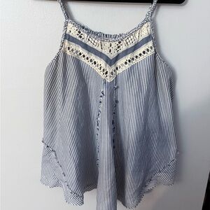 Blush Blue and White Striped Camisole with Lace flowy tank braided straps Sz L